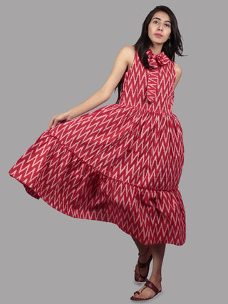 Red White Midi Sleeveless Handwoven Ikat Tier Dress With Pussy Cat Bow Neck - D5065402