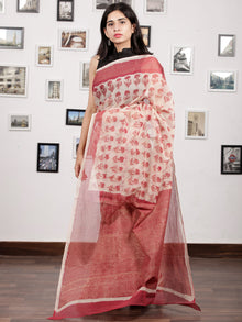 Beige Cherry Red Hand Block Printed Kota Doria Saree With Golden Highlighting - S031703139