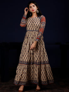 Naaz Aissa - Beige Indigo Red Hand Block Printed Long Cotton Raglan Sleeves Dress - DS64F001