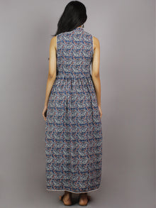 Indigo Red Black Ivory Long Sleeveless Ajrakh Printed Cotton Dress With Pleats & Side Pockets - D3348301