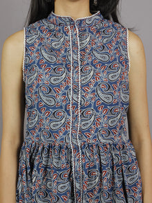 Indigo Red Black Ivory Long Sleeveless Ajrakh Printed Cotton Dress With Pleats & Side Pockets - D3348301