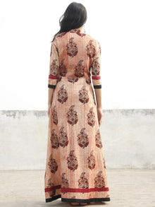 Beige Maroon Black Hand Blocked Cotton Long Dress With Stand Collar  - D165F1156