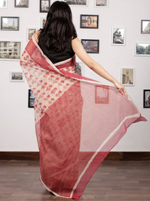 Beige Cherry Red Hand Block Printed Kota Doria Saree With Golden Highlighting - S031703139