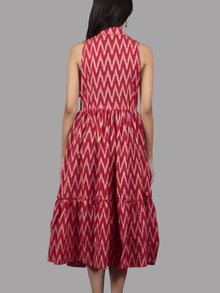 Red White Midi Sleeveless Handwoven Ikat Tier Dress With Pussy Cat Bow Neck - D5065402