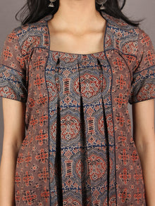 Indigo Maroon Brown Ajrakh Printed Front Pleated Cotton Dress - D1847701
