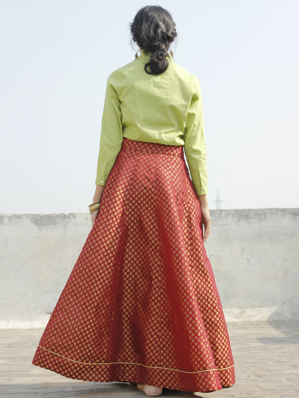 Buy Fiery Dola Silk Shirt And Tea-Green Banarasi Brocade Skirt With Floral  Motifs