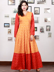 Yellow Red Orange Handloom Mercerised Ikat Long Cotton Tier Dress With Gathers - D169F1287