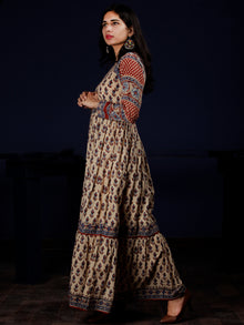 Naaz Aissa - Beige Indigo Red Hand Block Printed Long Cotton Raglan Sleeves Dress - DS64F001