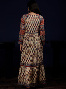 Naaz Aissa - Beige Indigo Red Hand Block Printed Long Cotton Raglan Sleeves Dress - DS64F001