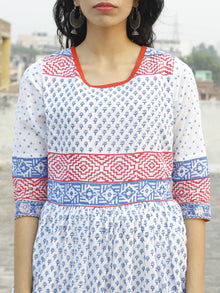 Naaz  Chandni - White Red Blue Hand Block Printed Dress With Gathers-  DS36F001