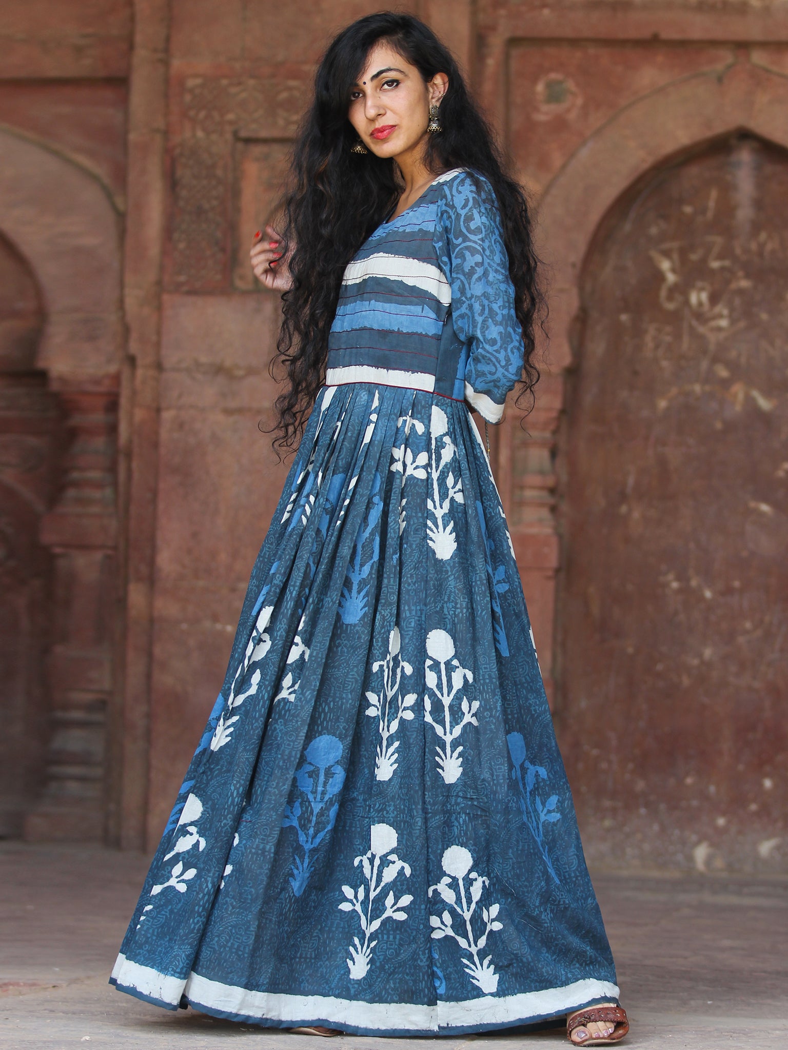 Naaz Mughal Galore - Hand Block Printed Long Cotton Flare Dress - DS72 ...