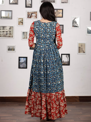 Indigo Black Red White Hand Block Printed Long Cotton Tier Dress - D220F1313