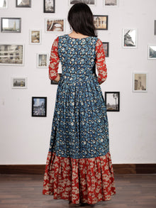 Indigo Black Red White Hand Block Printed Long Cotton Tier Dress - D220F1313