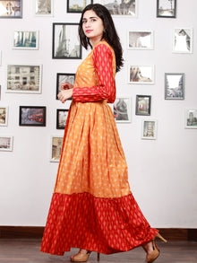 Yellow Red Orange Handloom Mercerised Ikat Long Cotton Tier Dress With Gathers - D169F1287