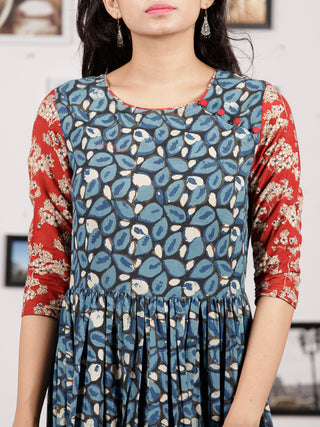 Indigo Black Red White Hand Block Printed Long Cotton Tier Dress - D220F1313