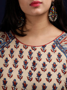 Naaz Aissa - Beige Indigo Red Hand Block Printed Long Cotton Raglan Sleeves Dress - DS64F001