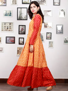 Yellow Red Orange Handloom Mercerised Ikat Long Cotton Tier Dress With Gathers - D169F1287