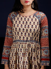 Naaz Aissa - Beige Indigo Red Hand Block Printed Long Cotton Raglan Sleeves Dress - DS64F001