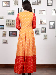 Yellow Red Orange Handloom Mercerised Ikat Long Cotton Tier Dress With Gathers - D169F1287