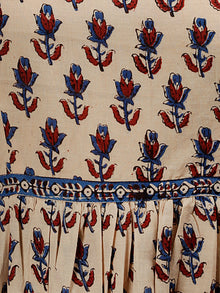 Naaz Aissa - Beige Indigo Red Hand Block Printed Long Cotton Raglan Sleeves Dress - DS64F001