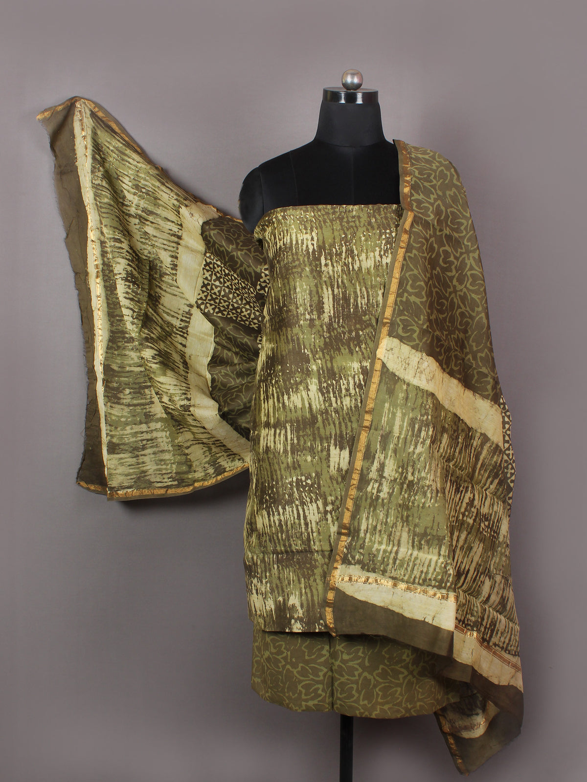 Moss Green Beige Hand Block Printed Chanderi Unstitched Kurta & Chanderi Dupatta With Cotton Salwar - S1628182