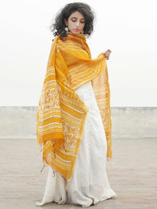 Bright Yellow Ivory Chanderi Hand Black Printed & Hand Painted Dupatta - D04170274