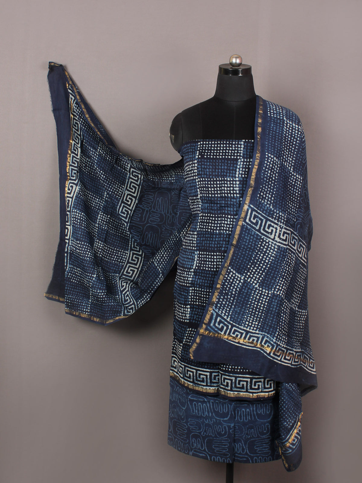 Indigo Ivory Hand Block Printed Chanderi Unstitched Kurta & Chanderi Dupatta With Cotton Salwar - S1628184