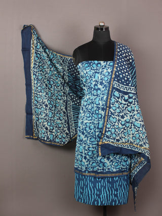 Arctic Blue Indigo Ivory Hand Block Printed Chanderi Unstitched Kurta & Chanderi Dupatta With Cotton Salwar - S1628185