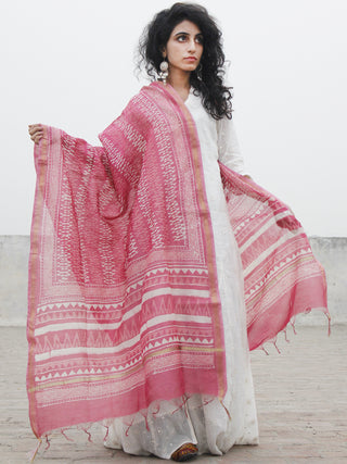 Pastel Pink Ivory Chanderi Hand Black Printed & Hand Painted Dupatta - D04170276