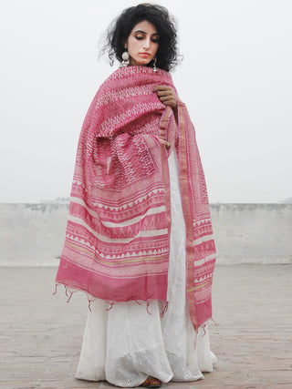 Pastel Pink Ivory Chanderi Hand Black Printed & Hand Painted Dupatta - D04170276