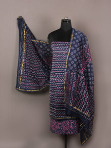Indigo Purple Ivory Hand Block Printed Chanderi Unstitched Kurta & Chanderi Dupatta With Cotton Salwar - S1628186