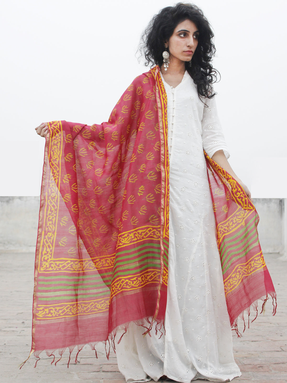 Crimson Red Yellow Chanderi Hand Black Printed & Hand Painted Dupatta - D04170280