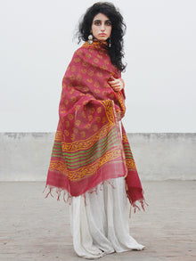 Crimson Red Yellow Chanderi Hand Black Printed & Hand Painted Dupatta - D04170280