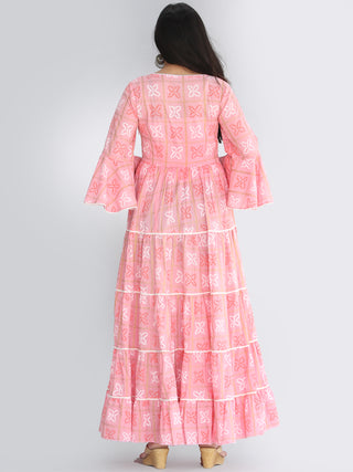Maira - Pink Bandhani Printed Tier Long Dress With Lace Insert - D407F2205
