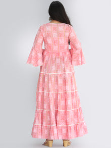 Maira - Pink Bandhani Printed Tier Long Dress With Lace Insert - D407F2205