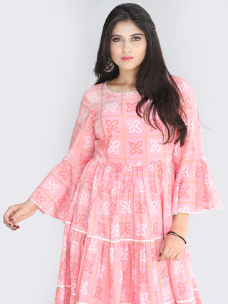 Maira - Pink Bandhani Printed Tier Long Dress With Lace Insert - D407F2205