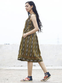 Olive Green Mustard Maroon Ivory Ikat Sleeveless Dress With Gathers & Side Pockets -  D68F742