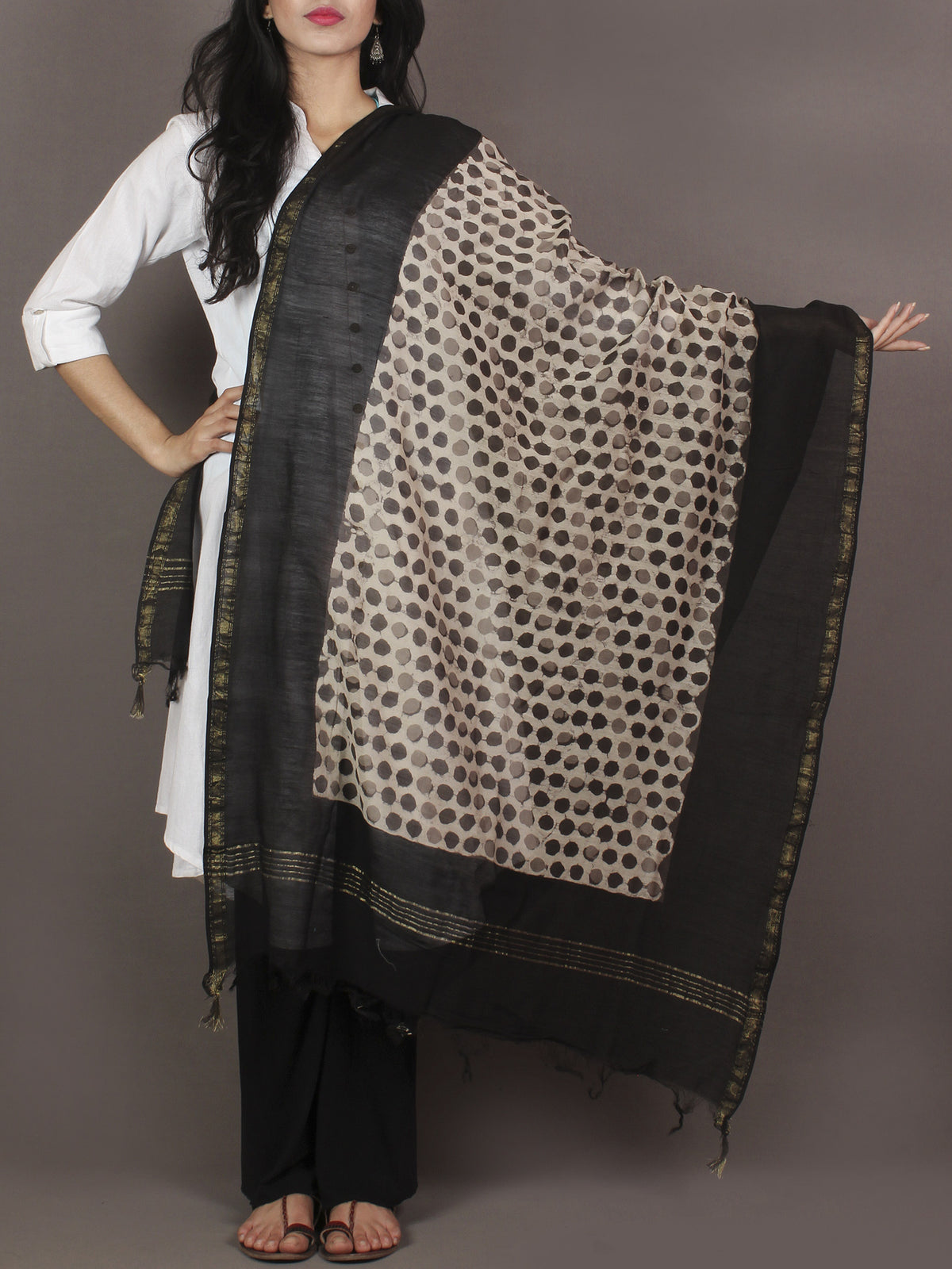 Brown Beige Black Chanderi Hand Black Printed Dupatta - D04170111