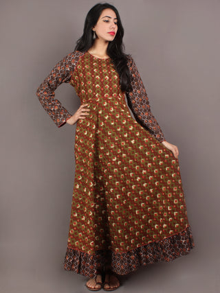 Hand Block Printed Long Cotton Dress With Gather