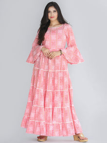 Maira - Pink Bandhani Printed Tier Long Dress With Lace Insert - D407F2205