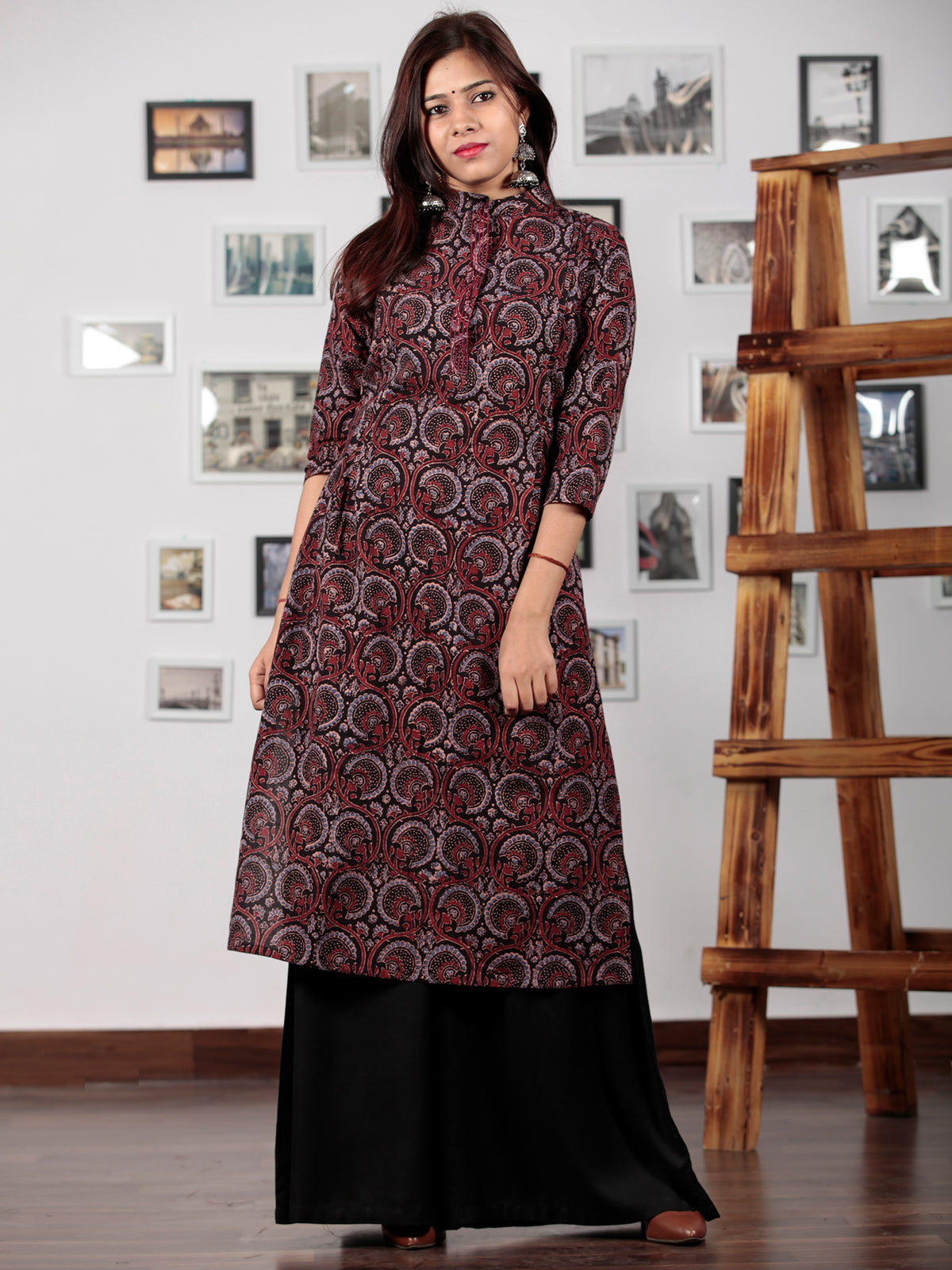 Black Maroon Indigo Ajrakh Hand Block Printed Kurta With Stand Collar - K52BP0107
