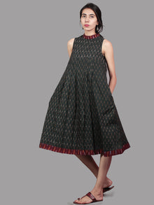 Green Maroon Mustard Ivory Handwoven Ikat Cotton Sleeveless Dress With Stand Collar With Pleats - D5366701