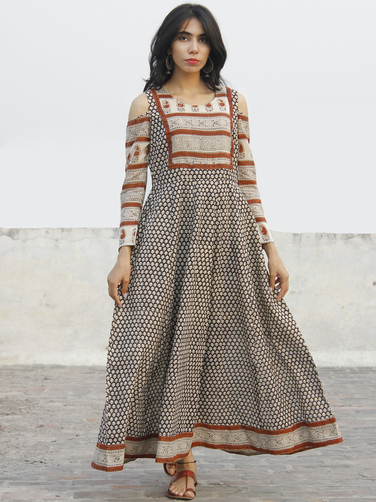 Naaz Beige Black Maroon Hand Block Printed Dress With Cold Shoulder  -  DS35F001