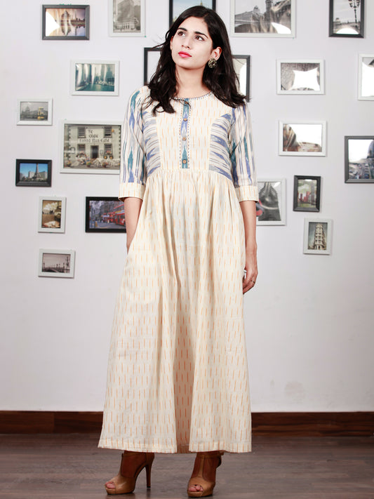 Off White Mustard Blue Grey Handwoven Ikat Princess Cut Dress With Embroidered Neck & Side Pocket-  D304F1470