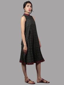 Green Maroon Mustard Ivory Handwoven Ikat Cotton Sleeveless Dress With Stand Collar With Pleats - D5366701