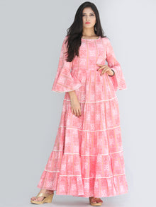 Maira - Pink Bandhani Printed Tier Long Dress With Lace Insert - D407F2205