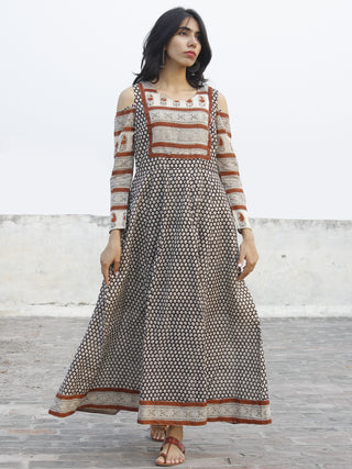 Naaz Beige Black Maroon Hand Block Printed Dress With Cold Shoulder  -  DS35F001