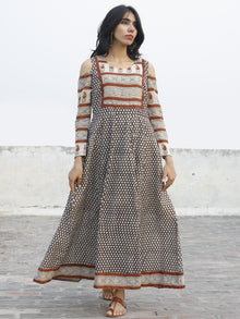 Naaz Beige Black Maroon Hand Block Printed Dress With Cold Shoulder  -  DS35F001