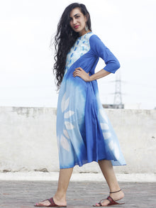 Naaz Blue White Hand Block Printed & Tie Dye Calf Length Dress with 3/4 Sleeves  - DS28F001