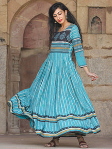 Naaz Block Heritage - Hand Block Printed Long Cotton Pleated Flare Dress - DS68F001